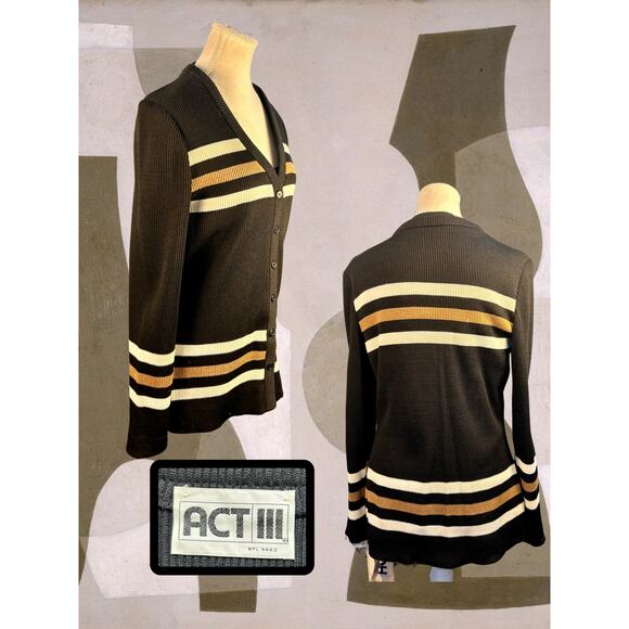 Deadstock Vintage 70s Act III Brown Tan White Stripe Stretch Top and Cardigan XL - Picture 2 of 5